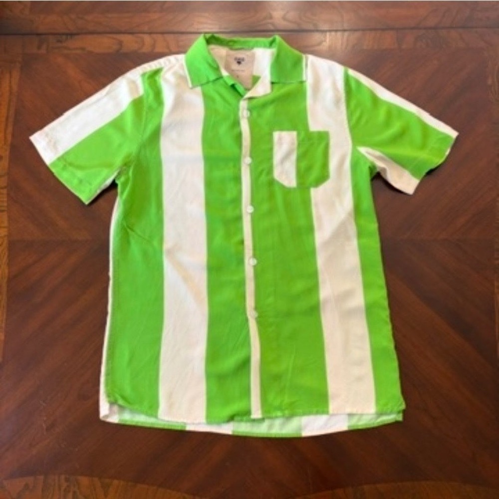OAS Cuba Shirt Mens Small Striped Emerald Lime Green White Viscose Camp Collar S